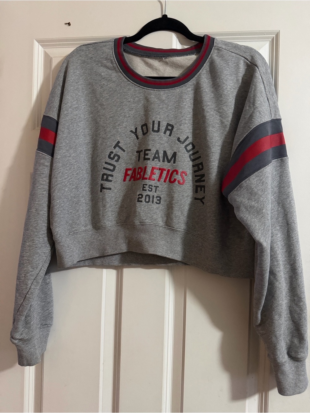 Fabletics Gray Cropped Sweatshirt with Red and Dark Gray Stripes